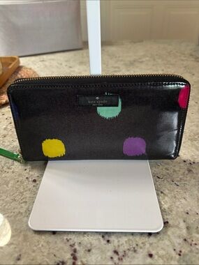 kate spade Black Patent Zip Wallet with Colorful Paint Dots